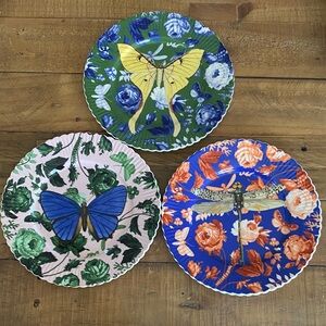 Set of 3 Decorative Floral Insect Plates - Blue, Green, Pink
